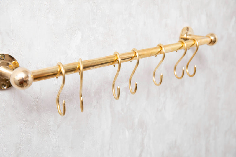 Unlacquered Brass Wall Mount Pot Rail Bar With Hooks - BRASSMA