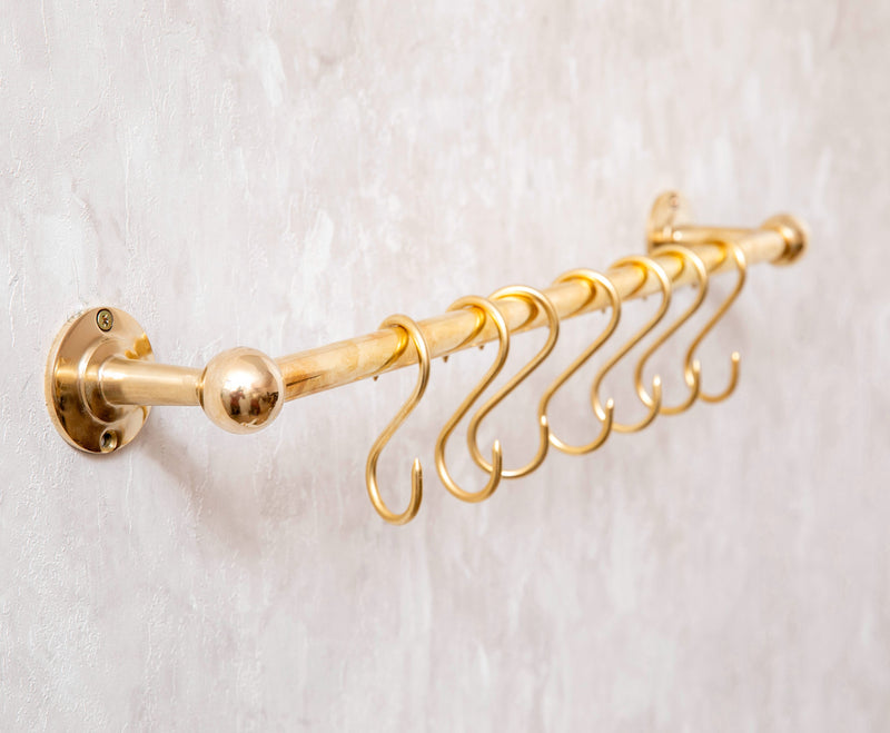 Unlacquered Brass Wall Mount Pot Rail Bar With Hooks - BRASSMA