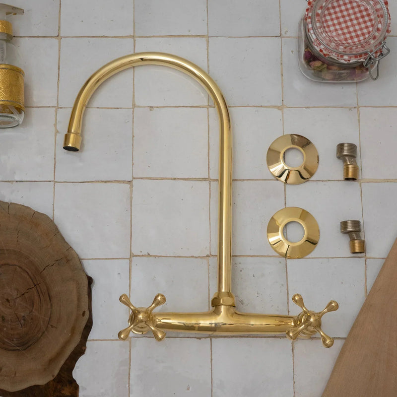 8" Unlacquered Brass Kitchen Wall Mount Faucet, Gooseneck Faucet