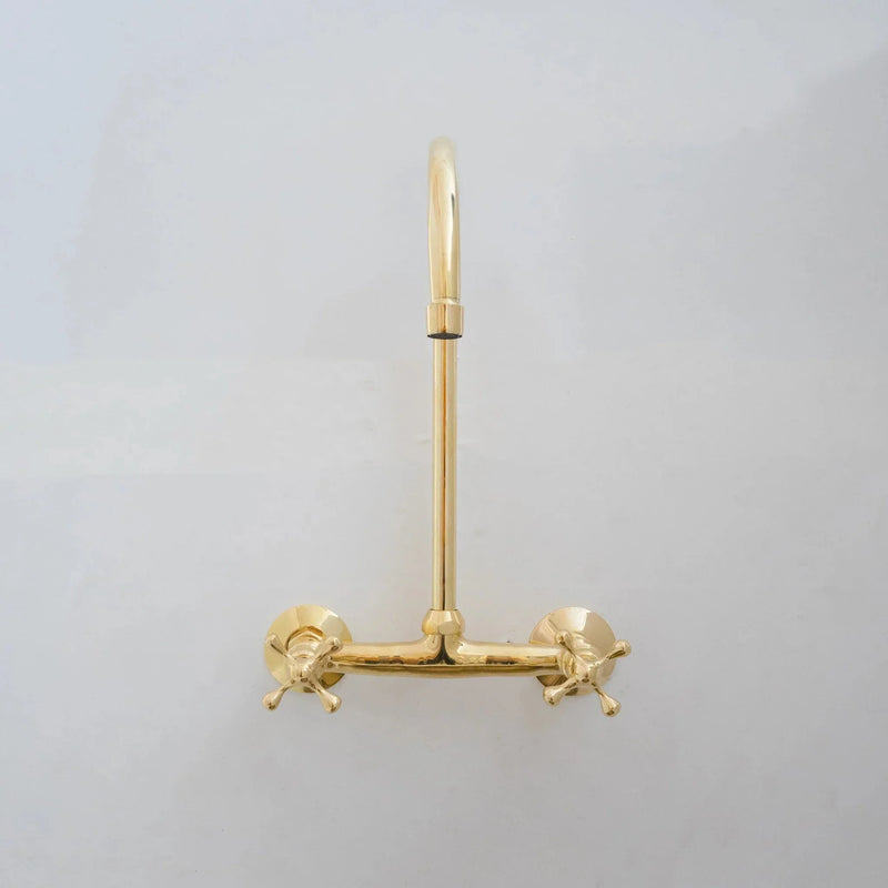 8" Unlacquered Brass Kitchen Wall Mount Faucet, Gooseneck Faucet