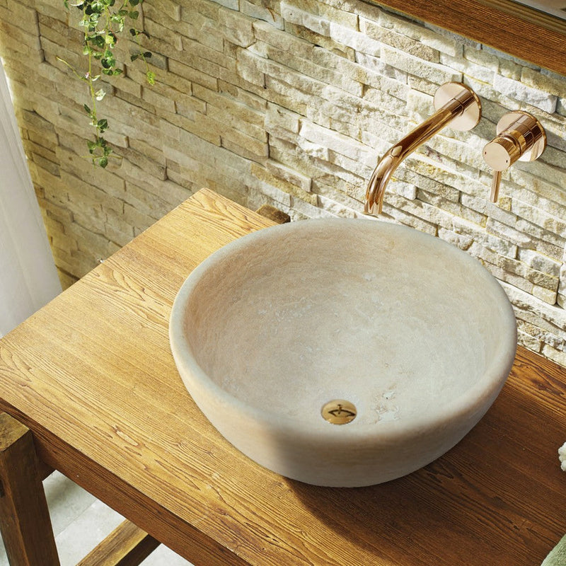 Beige Travertine Natural Stone Vessel Sink Honed and Filled (D)16" (H)6" SKU-NTRSTC09 installed on bathroom above counter