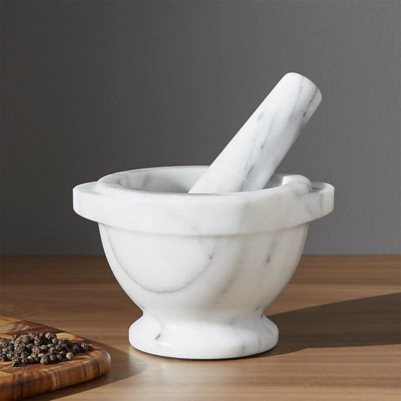 Bianco Carrara genuine white marble mortar pestle product SKU-MSBCMP5x6_2 Close shot of product.