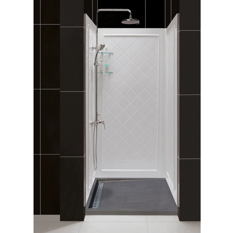 Black basalt rectangular shower base hand carved from solid block SKU-NTRSTC29 Installed view of black basalt base