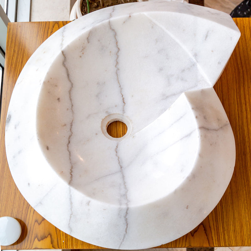 Carrara Marble Helix Shape Sink NTRVS06 Size (W)20" (L)23" (H)4" side view product shot