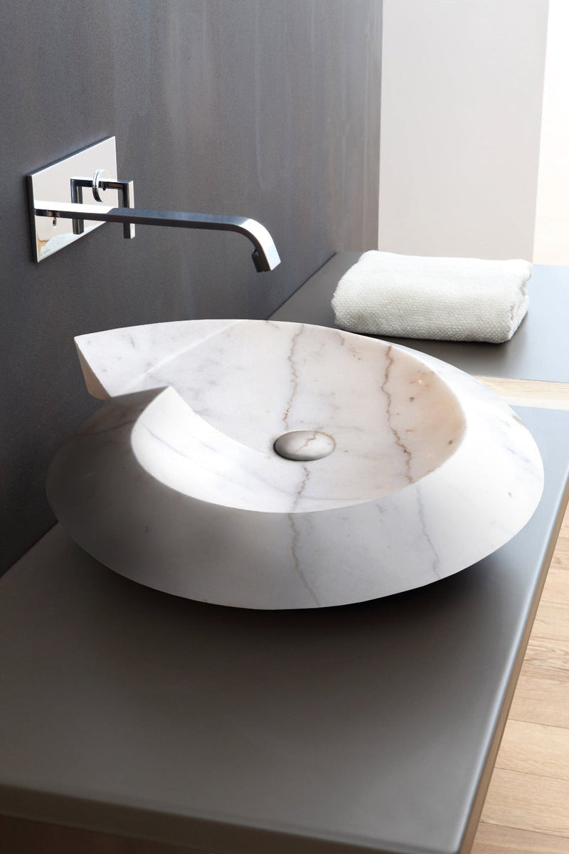 Carrara Marble Helix Shape Sink NTRVS06 Size (W)20" (L)23" (H)4"bathroom view product shot