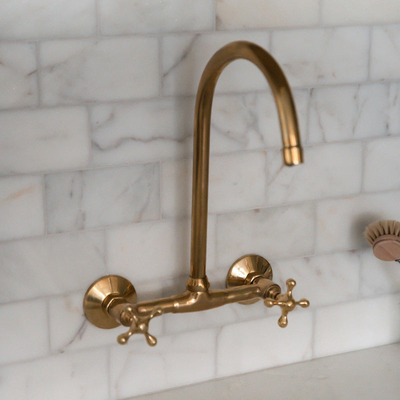 Unlacquered Brass Kitchen Wall Mount Faucet With Cross Handles