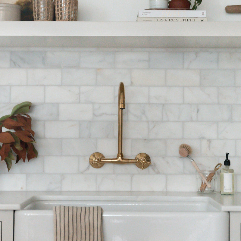 Unlacquered Brass Kitchen Wall Mount Faucet With Cross Handles