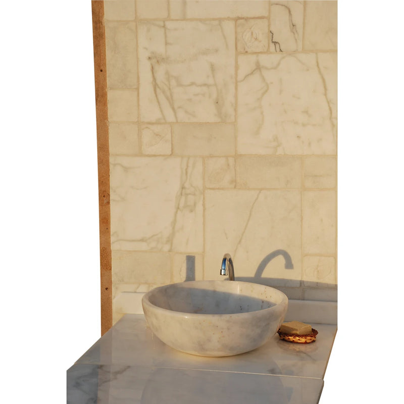 Gobek Afyon Sugar Marble Natural Stone Polished Vessel Sink 20020031 bathroom scene with beige background