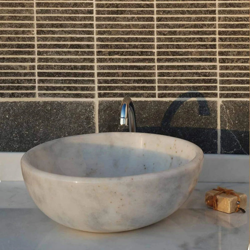 Gobek Afyon Sugar Marble Natural Stone Polished Vessel Sink 20020031 bathroom scene with darker background