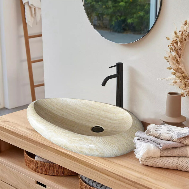 Gobek Beige Travertine Natural Stone Honed/Filled Drop Shape Sink NSLTDS01 bathroom scene
