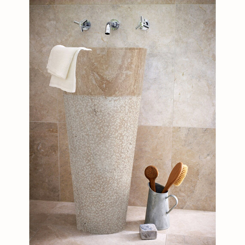 Gobek Beige Travertine Pedestal Conical Shaped Natural Stone Sink NSBTPS01 bathroom scene