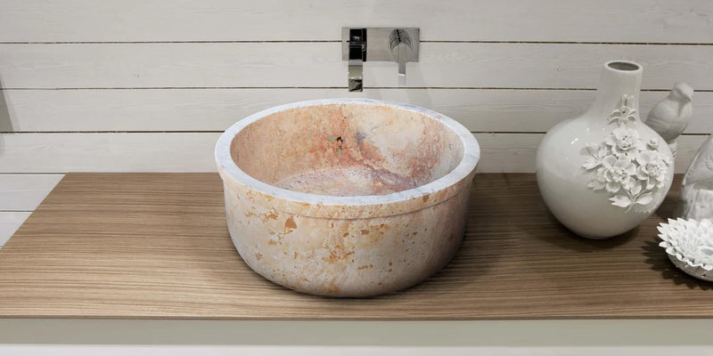 Gobek Beige Travertine Self-Rimming Drop-in Polished Vessel Sink TMS27 room scene vase bathroom