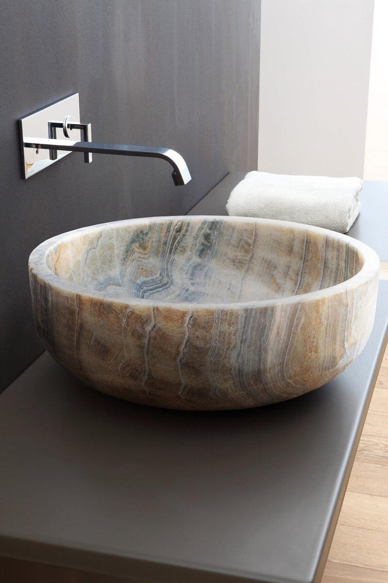 Gobek Bubble Grey Translucent Onyx Natural Stone Polished Vessel Sink TMS03 bathroom scene