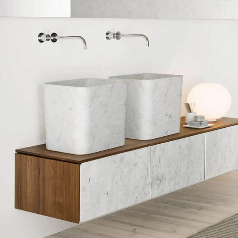Gobek Carrara White Marble Natural Stone Rectangular Polished Sink  YEDSIM10 bathroom scene doble sink