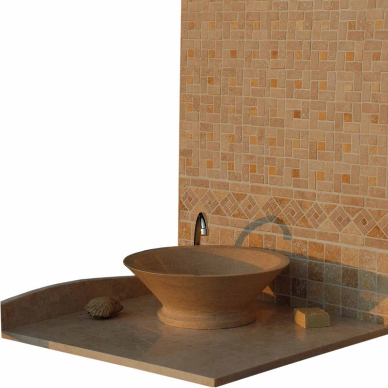 Gobek Classic Travertine Natural Stone Honed V-Shape Tapered Sink 20020024 bathroom scene with beige background