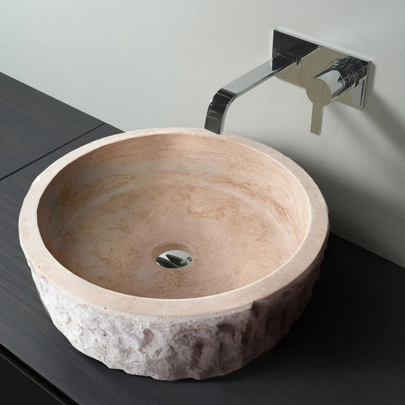 Gobek Denizli Beige Travertine Rustic Stone Honed and Hand-Chiseled Sink CM-B-005-BL bathroom scene