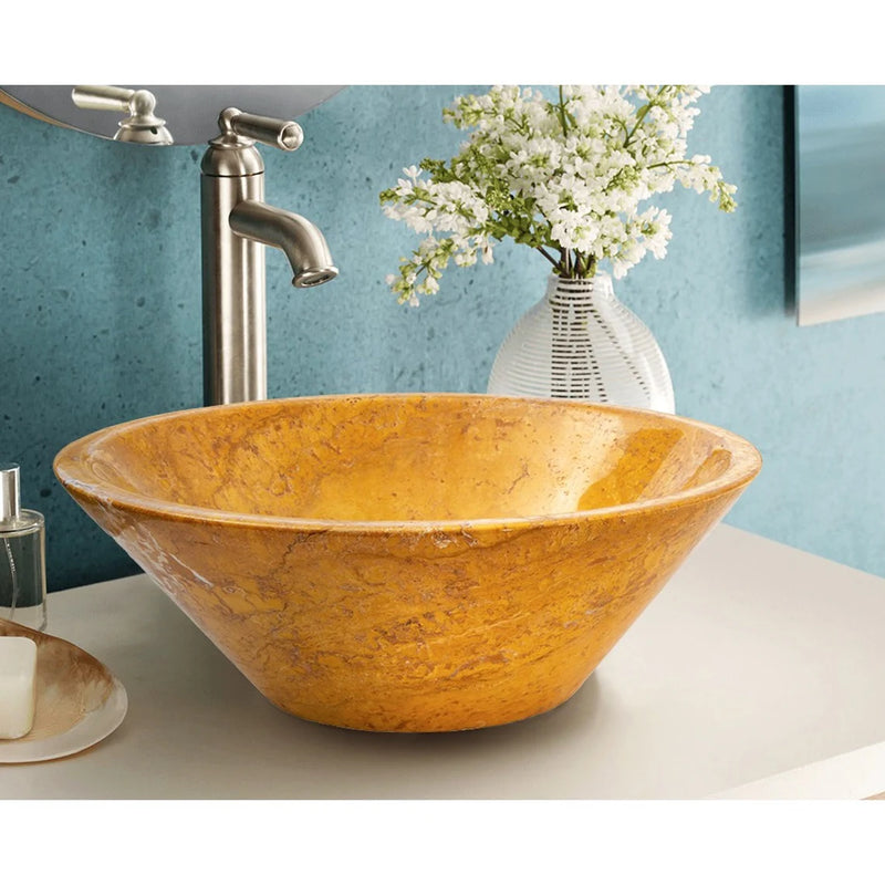Gobek Golden Sienna Travertine V-Shape Polished Tapered Sink EGEGSTPO165 bathroom scene