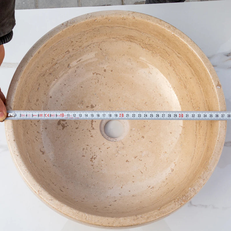Gobek Light Beige Travertine Natural Stone Filled and Polished Vessel Sink EGE166-01 diameter