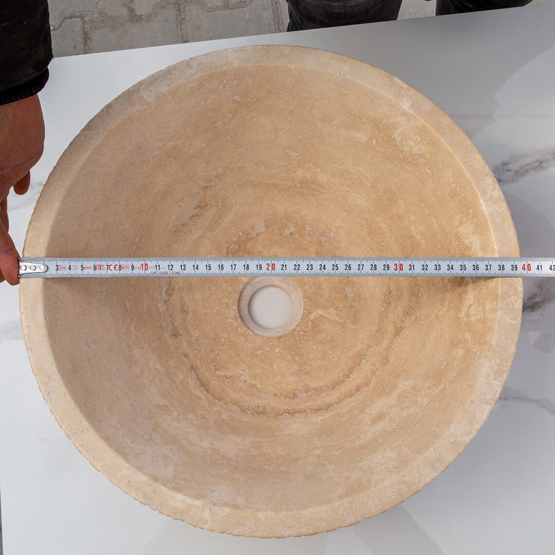 Gobek Light Beige Travertine V-Shape Tapered Honed and Sand-Blasted Sink EGELBT1661 diameter