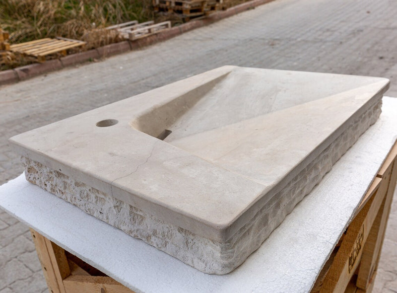 Gobek Medium Beige Travertine Natural Stone Special Wavy Design Sink CHRL05 angle view