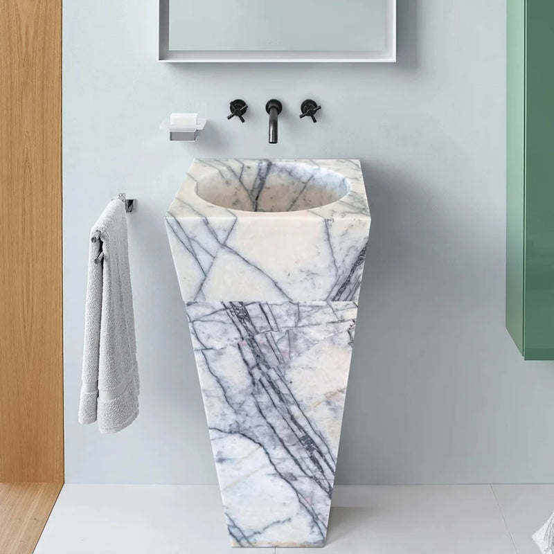 Gobek New York White Marble Natural Stone Pedestal Cone Shaped Sink NTRVS25 bathroom scene