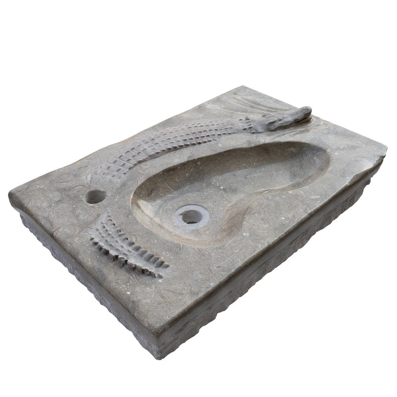 Gobek Rustic Green Limestone Natural Stone Special Crocodile Design Sink CHRL02 angle view