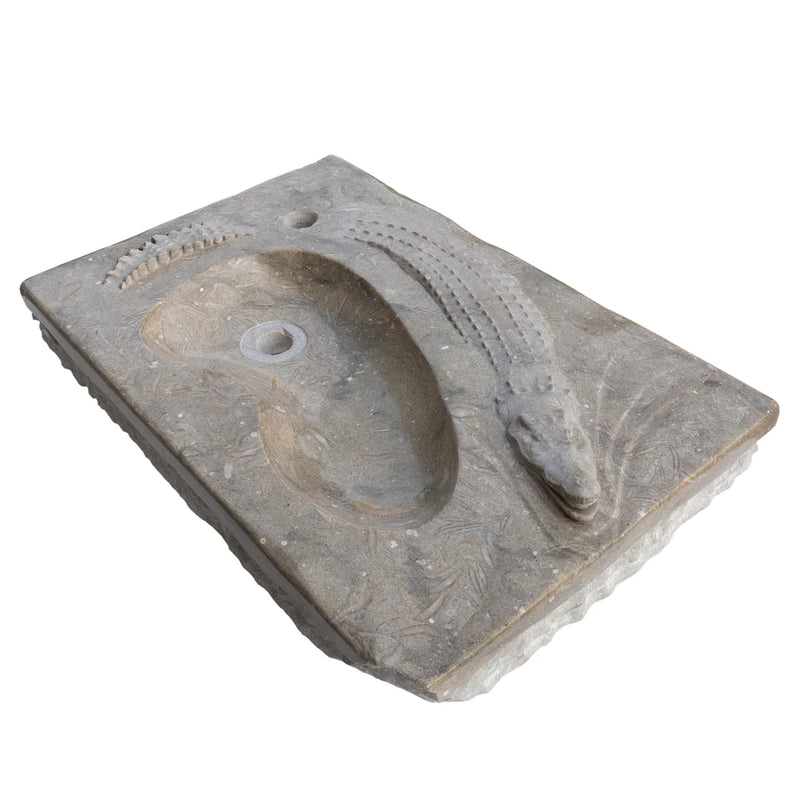 Gobek Rustic Green Limestone Natural Stone Special Crocodile Design Sink CHRL02 angle view