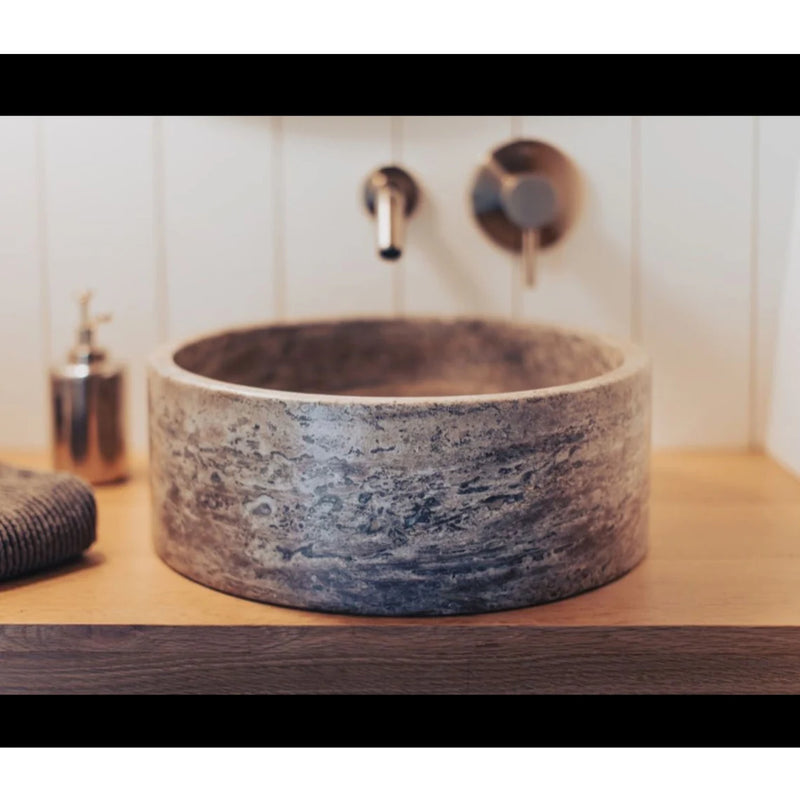 Gobek Silver Travertine Natural Stone Polished Vessel Sink EGELNTP165  bathroom scene