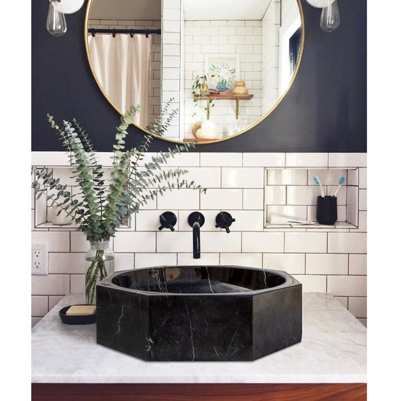 Gobek Toros Black Natural Stone Marble Octagon Vessel Sink Bowl Polished EGETBOP166 bathroom scene