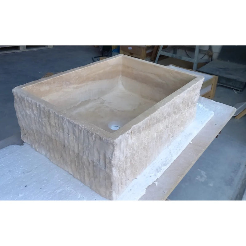 Gobek Travertine Natural Stone Rectangular Honed and Hand-Chiseled Sink BTRS01 left angle view