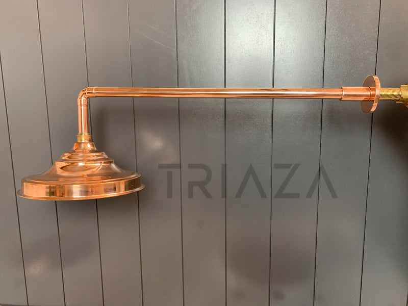 Unlacquered Solid copper Round Shower Head, copper Arm Extension - BRASSMA