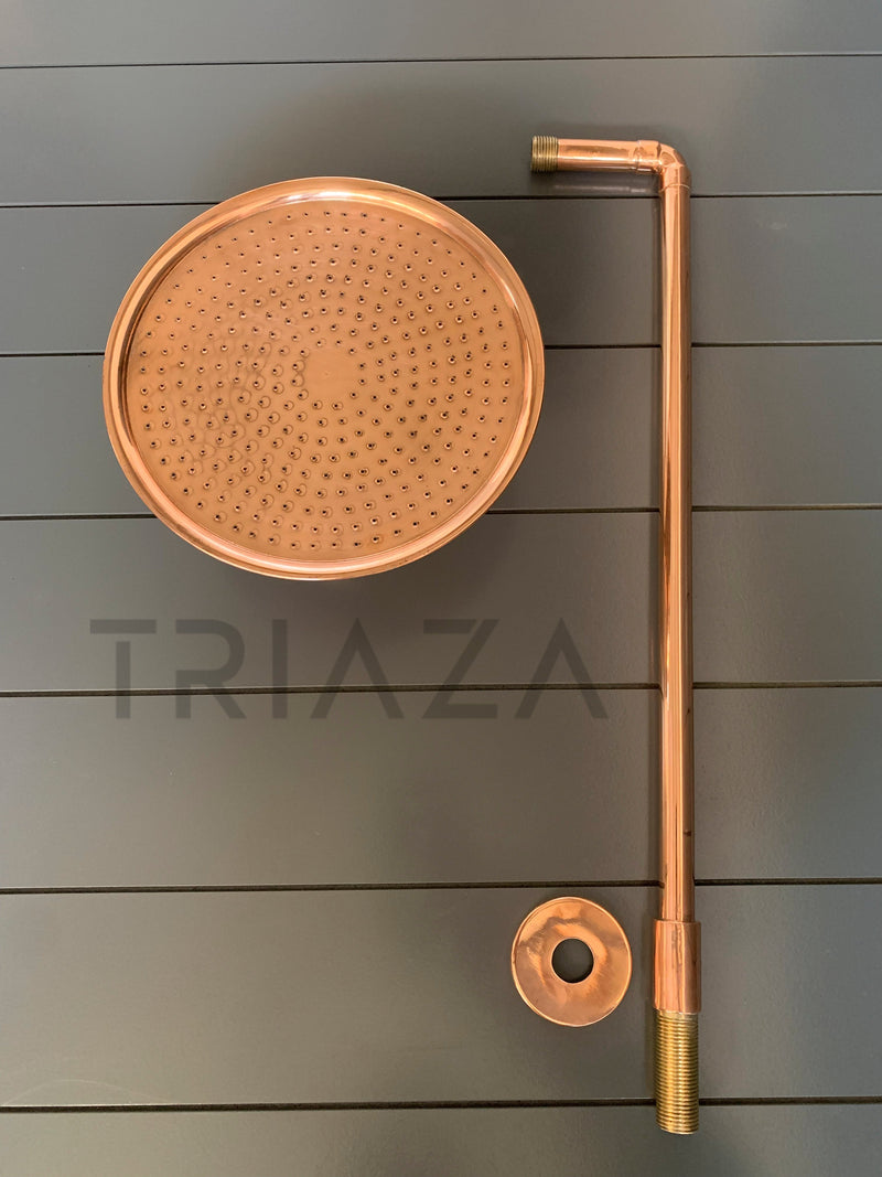 Unlacquered Solid copper Round Shower Head, copper Arm Extension - BRASSMA