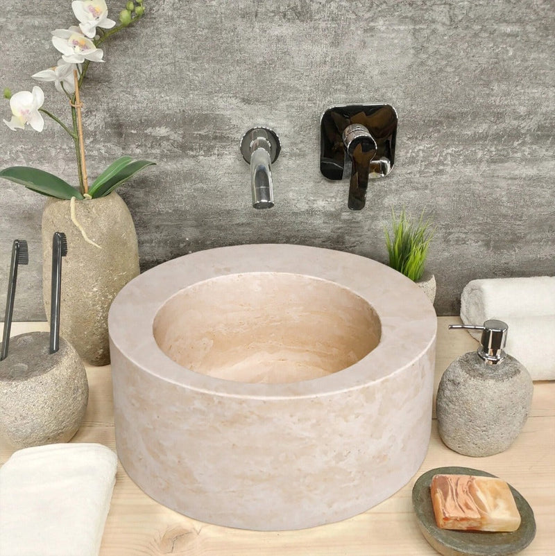 Light Beige Travertine Natural Stone Round Sink SKU-NTRSTC22 size (D)18" (H)8" installed on bathroom scene