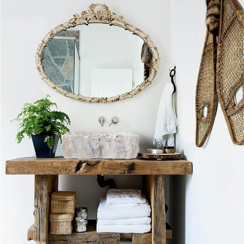 honey onyx rustic natural stone vessel sink SKU NTRSTC55 installed on bathroom