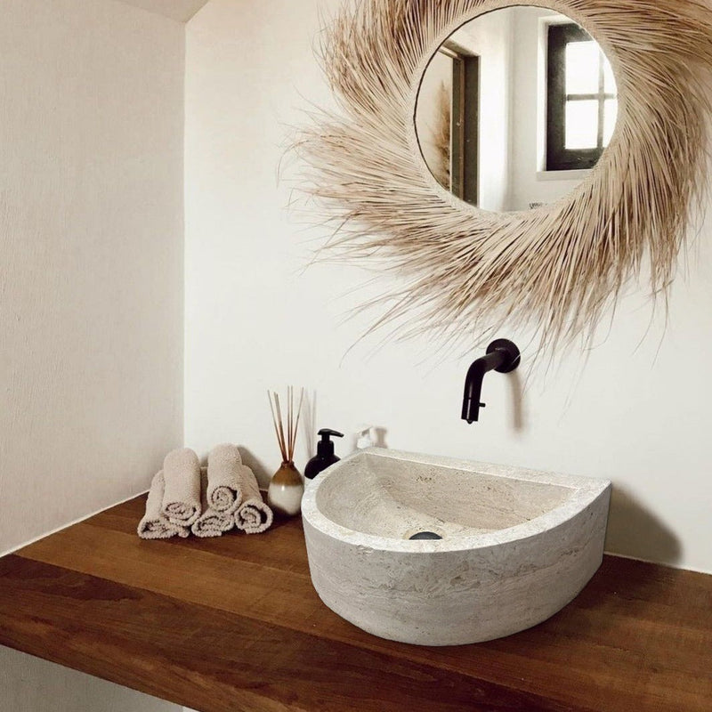 Natural Stone Deep Half Light Travertine Special Design Vessel Sink Honed and Filled (W)10" (L)16.3" (H)4.5"