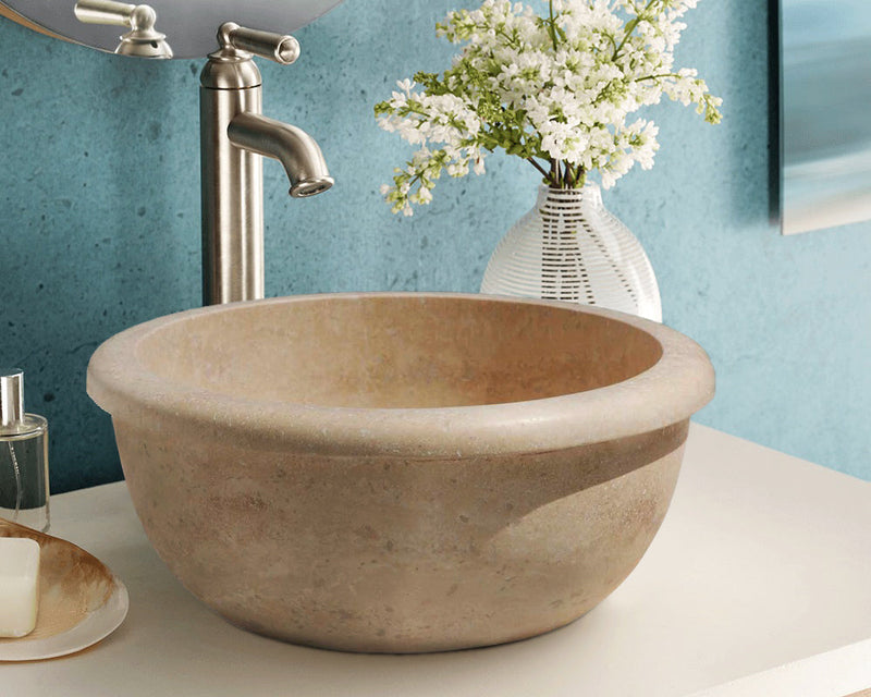 Natural Stone Light Travertine Vessel Sink (D)14" (H)6" SKU_20020006 Installed view of sink