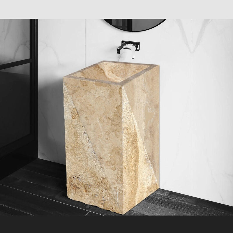 Noce Brown Travertine Natural Stone Pedestal Rectangular Prism Sink NTRSTC45 bathroom scene
