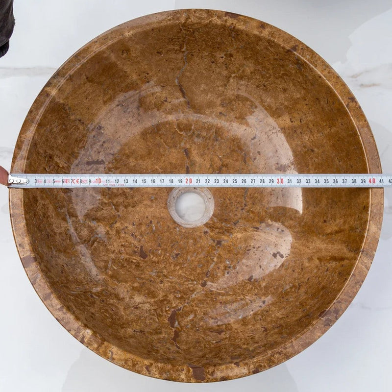 Noce Brown travertine natural stone round shape undermount Vessel Sink Polished and filled size (D)16" (H)6" SKU-EGENTR1674 product shot diameter measure