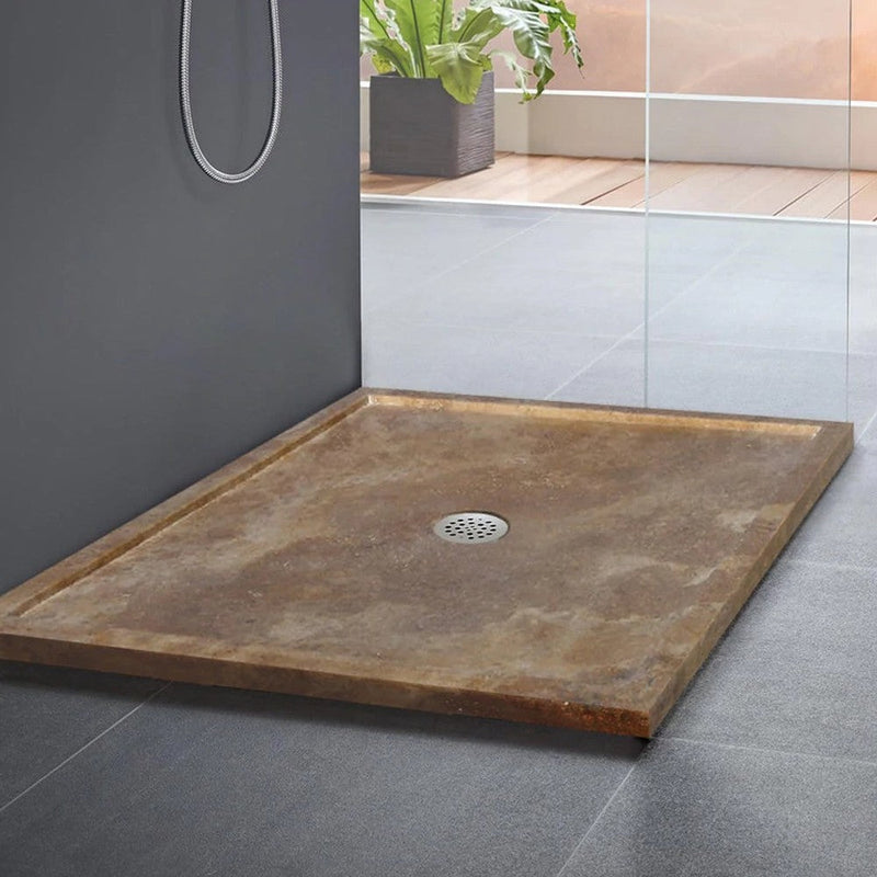 Noce brown travertine square shower base w36-l36-h2 SKU-NTRSTC26 Installed view of Noce Base