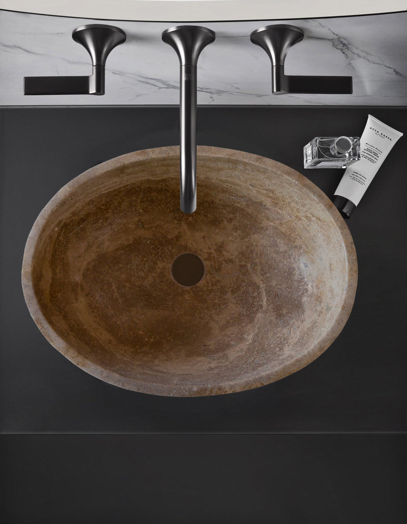 Noce travertine oval vessel sink size (W)16" (L)21" (H)6" SKU-NTRVS36 installed on bathroom top view