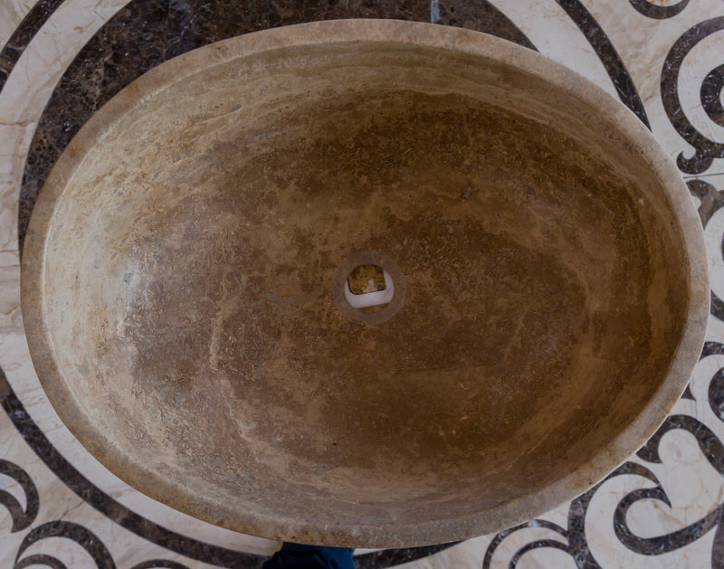 Noce travertine oval vessel sink size (W)16" (L)21" (H)6" SKU-NTRVS36 product shot top view