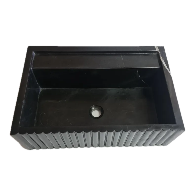 Toros Black Marble Wall-Mount Bathroom Vanity Sink Fluted (W)16" (L)24" (H)7"