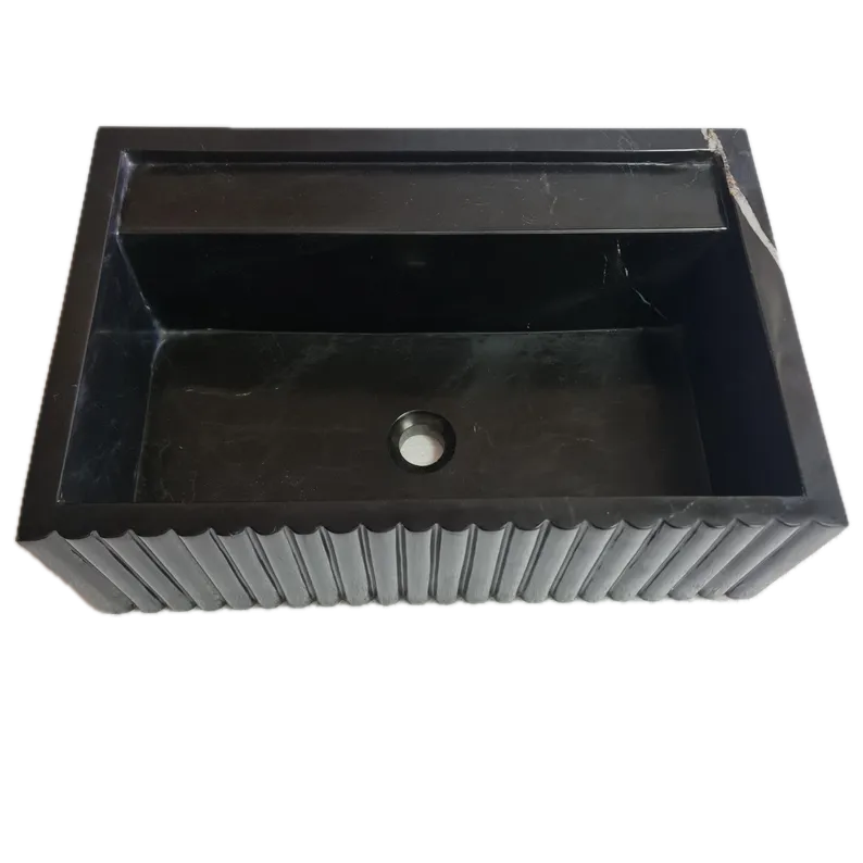 Toros Black Marble Wall-Mount Bathroom Vanity Sink Fluted (W)16" (L)24" (H)7"