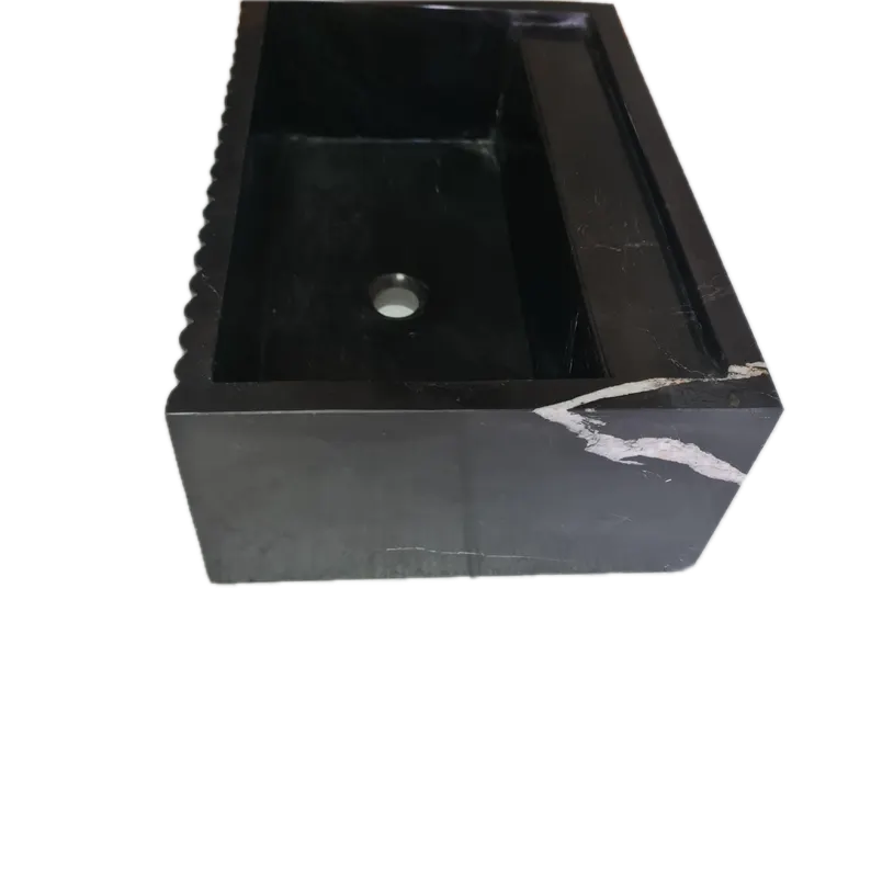 Toros Black Marble Wall-Mount Bathroom Vanity Sink Fluted (W)16" (L)24" (H)7"