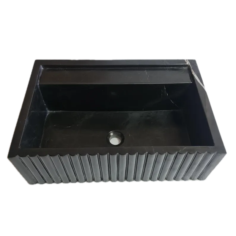 Toros Black Marble Wall-Mount Bathroom Vanity Sink Fluted (W)16" (L)24" (H)7"