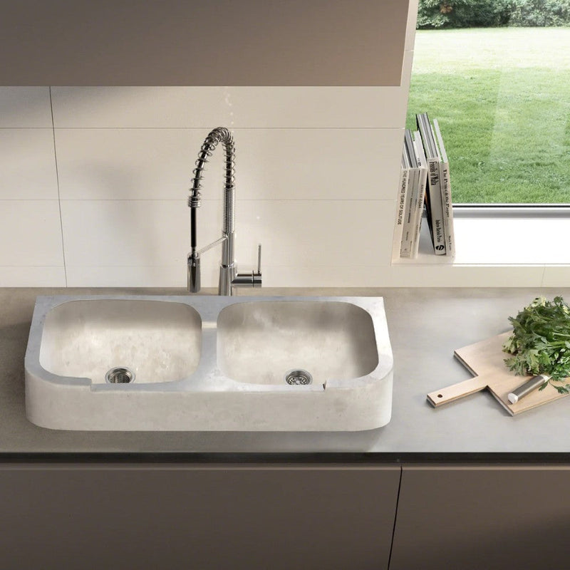 Troia Light Travertine Farmhouse Double Bowl Kitchen Sink Honed Filled (W)18" (L)36" (H)7" SKU-NTRSTC32 installed on kithcen 