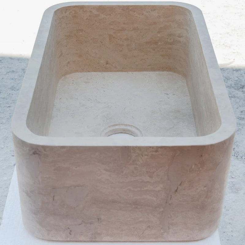 Troia Light Travertine Rectangular Farm Kitchen Sink Honed Filled (W)18" (L)30" (H)10" SKU-NTRSTC13 product shot side view