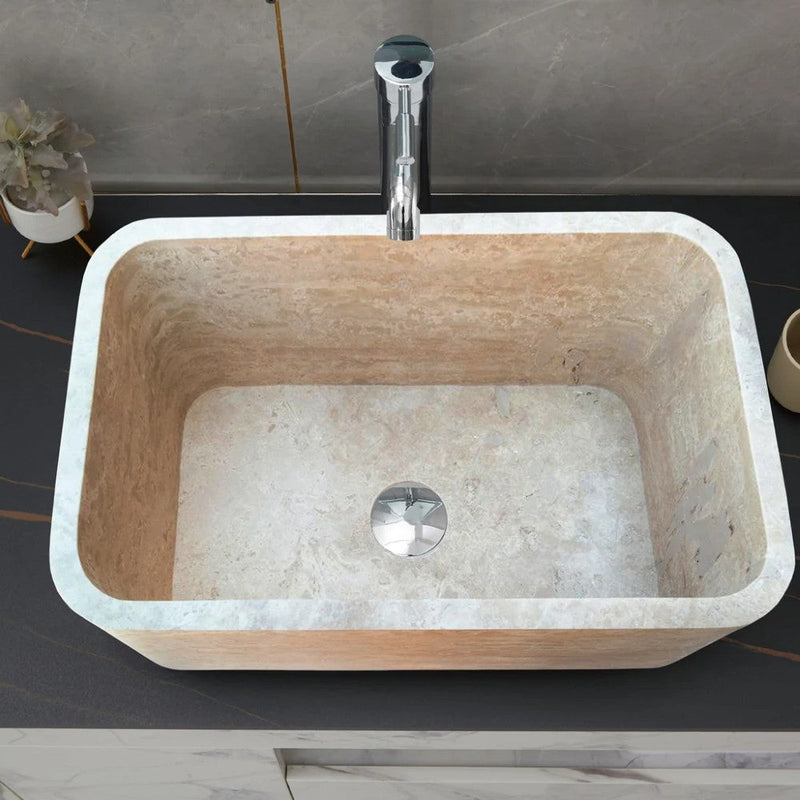 Troia Light Travertine Rectangular Farm Kitchen Sink Honed Filled (W)18" (L)30" (H)10" SKU-NTRSTC13 installed on kitchen