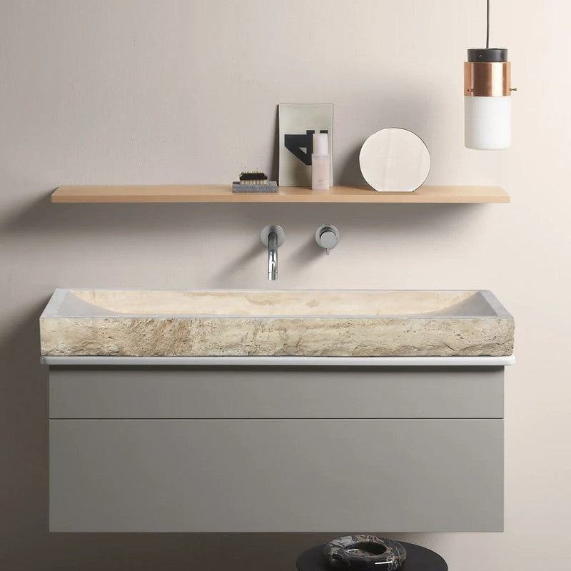 Troia Light Travertine Rectangular Vessel Sink Honed and Hand-Split (W)16" (L)48" (H)4"