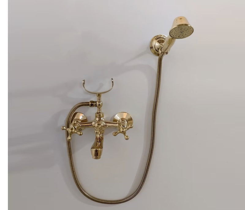 Unlacquered Brass Bathtub Faucet With Handheld Shower Holder - Wall Mounted Tub Faucet